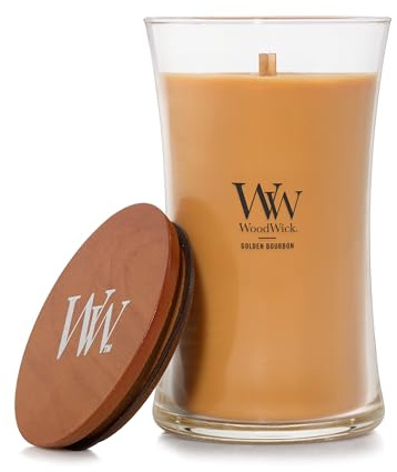 WoodWick Duftkerze mit knisterndem Docht | Große Sanduhr-Kerze Golden Bourbon | Lang brennende Kerzen: bis zu 130 Stunden | Perfekte Geschenke für Frauen