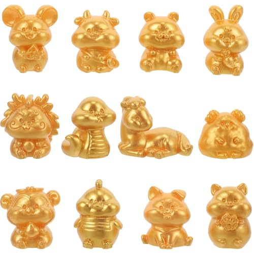 Yeory 12pcs Ensemble de Figurines Animaux Chinois du Zodiaque, Feng Shui Mini Figures d'animaux, Figurines animales pour la célébration du Nouvel an et la décoration de la Table, Les