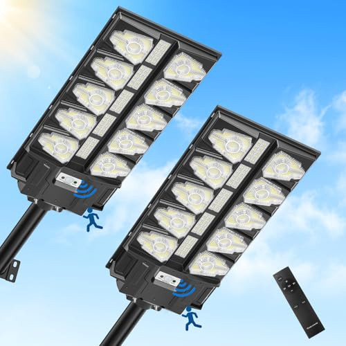 Viugreum 2 PACKS 2000W LED Réverbères Lampadaire Solaire Exterieur avec Télécommande, 6500K Spot Solar Extérieur Détecteur de Mouvement IP65 Etanche LED Réverbère Solar pour Jardin Patio Rue