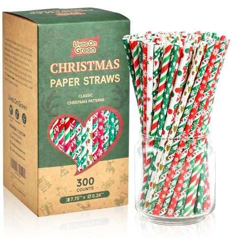Lives On Green Weihnachts-Papierstrohhalme zum Trinken 300er-Pack, 19,7 cm, Einwegstrohhalme für Weihnachtsfeiern – 10 Designs, für Zuhause, Bars und Restaurants