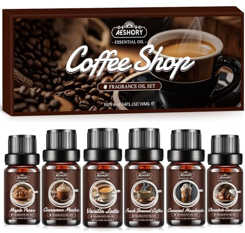 AESHORY Kaffe Eteriska Oljor Set 6 x 10ML, Aromaterapi Oljor Doftoljor Gift Set för Diffusorer - Färskmalet Kaffe, Vaniljlatte, Karamell Macchiato, Kanelmocha, Lönn-pekannöt, Chokladcroissant
