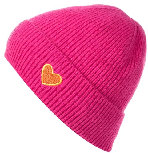 styleBREAKER Damen Strick Beanie mit Herz Stickerei & Fleece Futter | Warme Wintermütze Einheitsgröße 56-59 cm | Weiche gefütterte Beanie Mütze, Farbe:Magenta