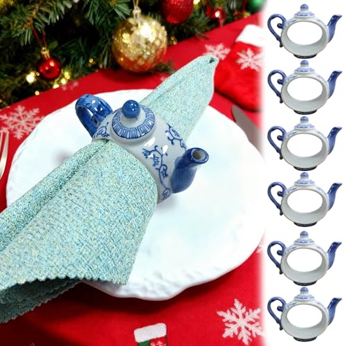 Klassische Serviettenringe in Teekannenform, Set mit 6 Keramik-Serviettenringen, 7,6 cm, blau-weißes Design, Serviettenhalter, ideal für Bankette, Tischdekoration oder Geschenke (A)