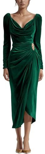 Generisch - Abito da donna in velluto con scollo a cascata - Elegante abito midi con drappeggio e orlo asimmetrico | Abito da sera elegante a maniche lunghe per feste, L