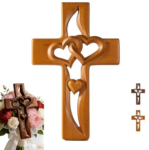 Croce in legno fatta a mano con cuori intrecciati, croce in legno intagliata a mano, decorazione da parete, croce per matrimonio, simbolo di amore sacro, per anniversario, Natale, matrimonio, San
