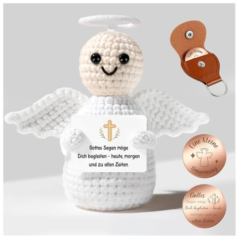 Giftota Pocket Hug Schutzengel - Handgehäkelte Schutzengel mit Glücksmünze & Lederetui - Kommunion, Konfirmation, Taufe Geschenke - Glücksbringer, Mutmacher, Gute Besserung Geschenk
