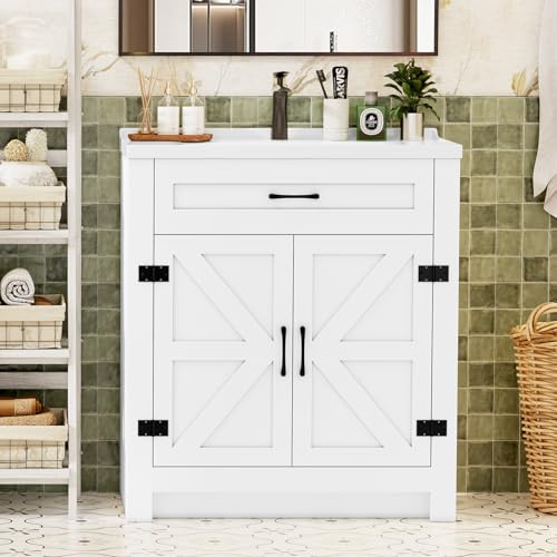 Tarainshen Waschtisch mit Unterschrank, Badmöbel Set, Waschbecken mit Waschbeckenunterschrank, Keramikwaschbecken, Schubladen(Ohne Wasserhahn) (60cm)