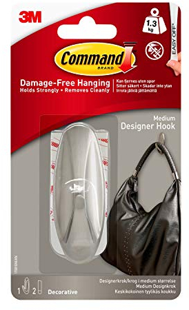 Command Gancio di design medio in nichel spazzolato, uso interno, 1 gancio medio in metallo e 2 strisce adesive per appendere giacche, borse, zaini, cappelli, sciarpe, guinzagli per cani, organizza