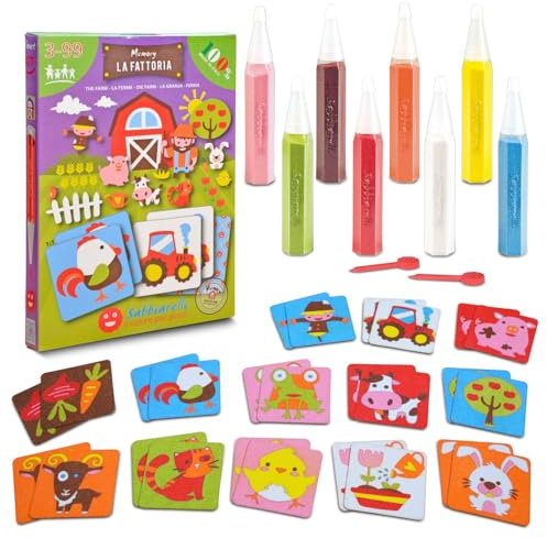 Sabbiarelli Sand-it For Fun – Kit Gårds-Memory 3+ | Kit med Sand Art 100% Made in Italy med färgad sand, självhäftande motiv och tillbehör | 2 spel i 1 | Kreativt pyssel för barn 3-7 år