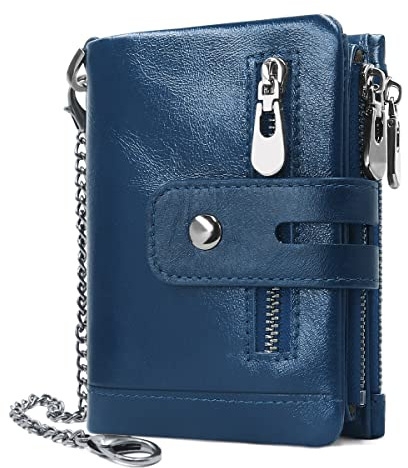 REETEE Damen Geldbörse klein Geldbeutel Damen Leder Reißverschluss Geldbörsen RFID Schutz Damengeldbörse mit Kette,Doppelte Falte Damen Portemonnaie 16 Kartenfächer Mädchen Brieftasche (Blau)