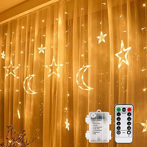 Vegena Tenda Luminosa a LED 3,5 m, LED Luci Luna Stringa Stelle Batteria Alimentato 8 Modalità Lampeggianti con Telecomando,per Giardino Casa Luce Natale Compleanno Bianca Calda