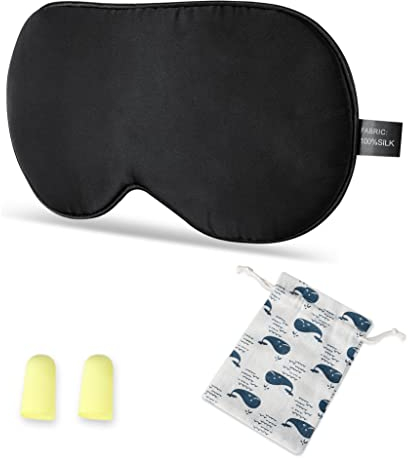 Schlafmaske Tzviod, Schlafmaske aus 100% Seide mit Verstellbarem Riemen und Ohrstöpsel Schlafmaske Schwarz für Jugendliche und Erwachsene