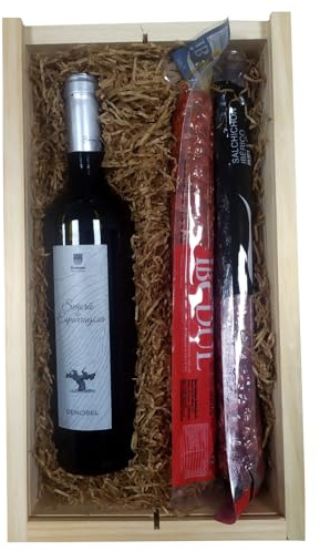 Económico lote de Navidad, una preciosa caja de madera con vino y embutidos, el regalo ideal para cualquier ocasión.