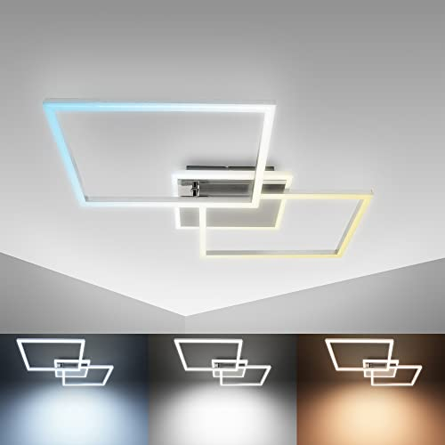 B.K.Licht - LED Deckenlampe mit Fernbedienung, beleuchtete Auflage, einstellbar von warmweiß bis kaltweiß, LED Deckenleuchte, Lampe, Wohnzimmerlampe, Schlafzimmerlampe, 50x38,8x8 cm, Chrom-Alu