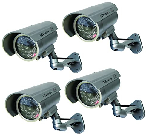 Yuarisx Dummy Security Camera Bullet Fake Indoor Outdoor CCTV Surveillance System with Realistic Simulated LEDs Flashing Lights and Warning Sticker Decals (4 Pack)