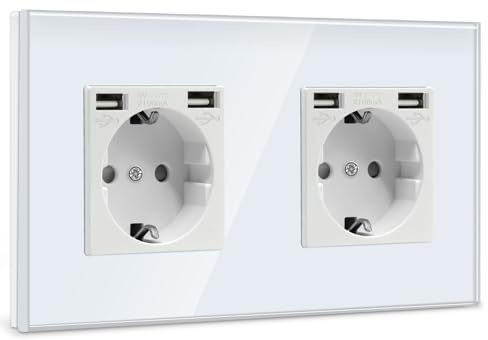 BSEED USB Steckdose Doppel Weiß - Schuko Mit USB Anschluss (Max. 2.1A) Unterputz Glas Schutzkontakt-Steckdose - Ladegerät Für Handys, Laptops Etc