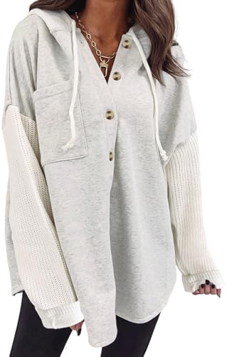 SHEWIN Womens Oversized Sweatshirt Hoodies Casual Long Sleeve Solid Button Down Hooded Jackets for Women Casual Fall Outfits with Pockets 2026 Size XL, Grey