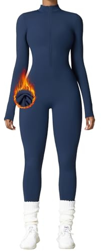 OEAK Damen Sport Jumpsuit Lang Eng Yoga Overall Langarm Rollkragen Playsuits mit Reißverschluss Nahtloser Fleece gefüttert Bodysuit Einteiler Romper,Blau,S