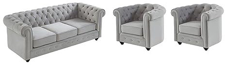 Vente-unique-Divano 3 posti e 2 poltrone CHESTERFIELD in velluto Grigio chiaro
