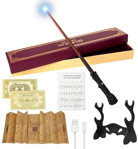 CJBIN Harry Pott, trollstav med ljus, ljusstav för Harry Potter, vägg med USB-laddning, presentförpackning med kort, stationsbroderi, karta och trollstavshållare