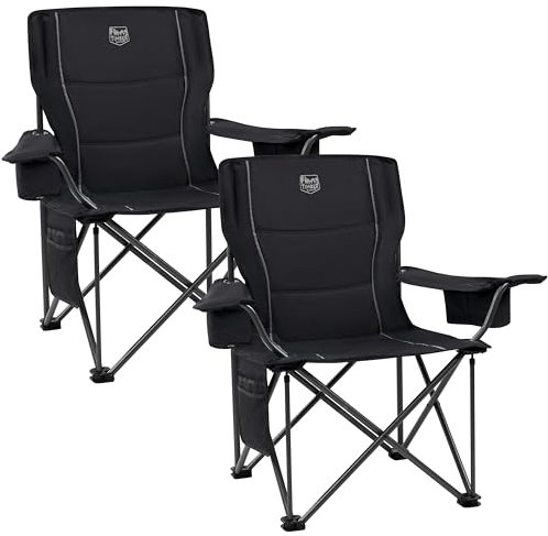 TIMBER RIDGE Camping Chairs for Adults Heavy Duty 200kg Oversized, Padded Folding Chair with Cup Holder and Cooler Bag Comfy for Outdoor Picnic Fishing Garden, Lightweight and Portable (Black- 2PCs)