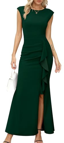 Missufe - Vestido de fiesta maxi para mujer, de noche, con mangas abullonadas y abertura, corte de sirena, ceñido, para bodas, cócteles, bailes, verde oscuro, S