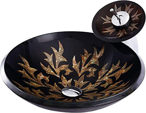 mueble lavabo sobre encimera, Fregadero De Baño Artístico, Fregadero De Vidrio Templado Tallado A Mano, Cuenco Redondo De 19 Mm De Grosor For Encimera Con Grifo De Cascada Y Combinación De Desagüe