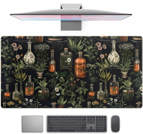 Schwarze ästhetische Schreibtischunterlage, Mauspad, großes Gaming-Mauspad, Schreibtischunterlage, mystische grüne Pflanze, Computer, Laptop, Tastatur und Mauspad, Schreibtischschutzmatte für Damen