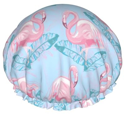 Wiederverwendbare Duschhaube für Damen, Sommerblätter, Tier, Flamingo, Badehaube, doppellagig, wasserdicht, Dusch-Haarschutz, verstellbares Gummiband, Duschhut für Home Spa Salon, Badehaube