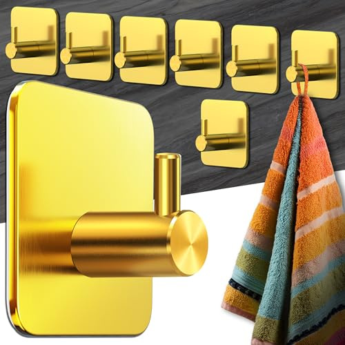 Menz Handtuchhalter ohne Bohren, Badezimmer Handtuchhalter, 8 Stück, Golden | Edelstahl Klebehaken, funktionale Haken, Haken selbstklebend, Handtuchhaken für Bad, Küche, mit wasserfesten Klebepads