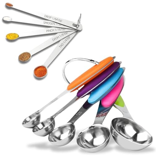 10 Pcs Measuring Spoons Set, Includes 5 Stainless Steel Spoons with Silicone Handles and 5 Mini Measuring Spoons, Stackable Kitchen Gadgets for Cooking & Baking