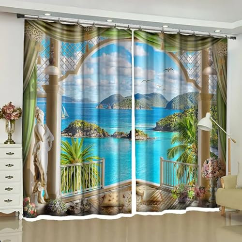 IKDZCM 3D Sea Beach Series Druck Scenic Blackout Vorhänge für Schlafzimmer Wohnzimmer Fenster Vorhänge Landschaft Vorhänge Outdoor WxH/2x100x150cm blickdichte vorhänge