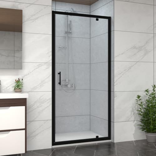 NRG 1000mm Black Framed Bathroom Shower Enclosures Pivot Door with 1000x700mm SMC Rectangle Shower Tray White