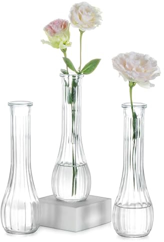 NUPTIO Små Glasvaser för Blommor Dekorativ: 3 Stycken 21,7 Cm Höga Vaser för Bröllopsdekor - Klar Ribbad Vas för Fest Inflyttningsfest Hemrum Bordsdekoration