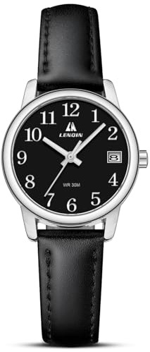 LN LENQIN Damklockor analoga kvartsur för kvinnor vattentäta damklockor damarmbandsur med läderrem, 04-svart silver svart, Minimalist