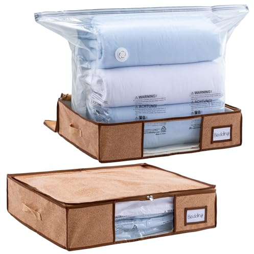TAILI Sacs de rangement sous vide 2 en 1 avec boîte de rangement sous vide - Design unique en bois - 65 x 50 x 15,5 cm - Pour couettes, vêtements, linge de lit - Boîte de rangement pliable sous le lit