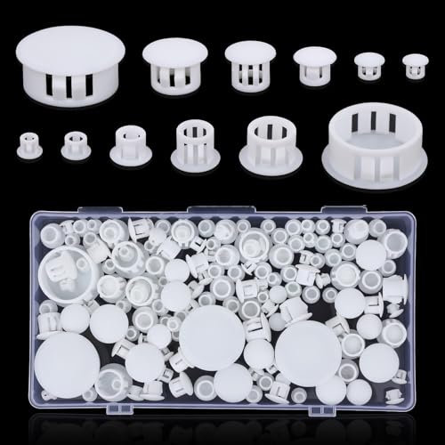 155 PCS White Plastic Hole Plugs Set, Round Drill Hole Flush Type Panel Knockout Locking Plugs Screw Covers for Furniture Cabinet Insert End Caps(6 Sizes: 1, 1/2, 3/8, 5/16, 1/4, 1/5)