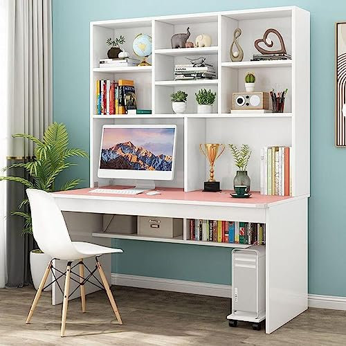 mit Bücherregal für kleine Räume, Schreibtisch/Studiertisch aus Holz, Studiertisch für Teenager, Studenten, Schreibtisch für das Home Office, Computertisch mit Aufsatz (47 Zoll, Pink)