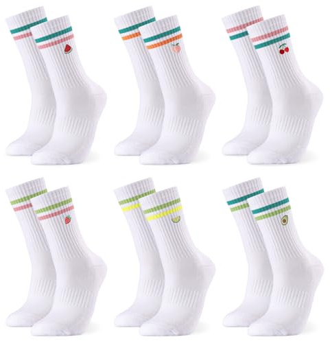 Utensilsto 6er Pack Tennissocken Sportsocken Damen 39-42 | Weiße Socken mit Frucht Streifen Motiv Tennis Sport Socken Baumwollsocken Lustige Geschenke für Frauen Lauf Arbeit Sport