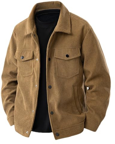 ANUFER Hommes Décontracté Velours Côtelé Veste Chemise Manches Longues Bouton en Bas Manteau de Camionneur SN0704202 Kaki 2XL