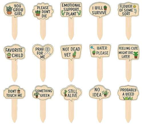 fayarrd Plant Labels - Plant Labels for Garden and Greenhouse Waterproof with Wooden Sticks - Pack of 15 with Funny Sayings for Flower Pots, Garden Accessories, Plant Marking Outdoor