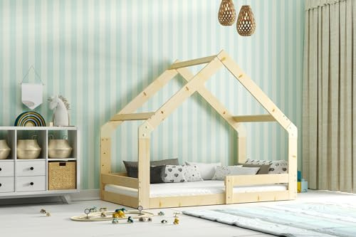 Interbeds Hausbett 160x80cm Montessori Kinderbett aus Kiefernholz Bodenbett mit Rausfallschutz Naturton
