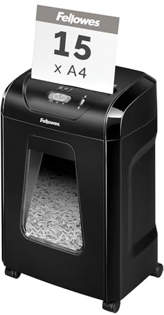 Fellowes Paper Shredder for Home Office Use - 15 Sheet Cross Cut Paper Shredder for Deskside Use - FS-15C Home Shredder with 19L Pull-out Bin - High Security P4 - Black
