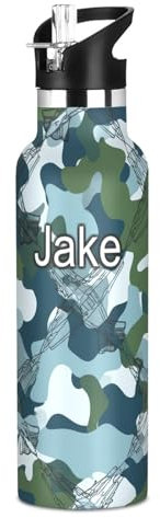 Personalisierte Kinder-Wasserflasche, 590 ml, individuelle Edelstahl-Wasserflasche für Reisen oder Schule, BPA-frei, Camouflage, Arctic Blue