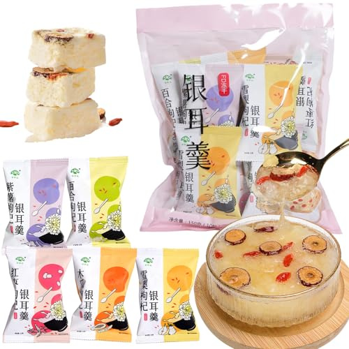 Shengmingxi White Snow Fungus Soup Mixed Flavors 5.3oz/150g (10 pack x 15g) Lily Bulb, Purple Sweet Potato, Red Date, Pear, Papaya, Wolfberry and Tremella Porridge Snow Fungus 银耳羹 冻干银耳羹
