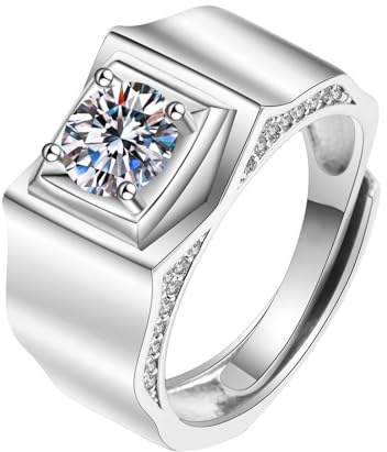 Mesnt Ring Weißgold 375, 9 Karat Weißgold Ring für Herren Siegelring mit im Labor hergestelltem Diamanten, Größe 60 (19.1)