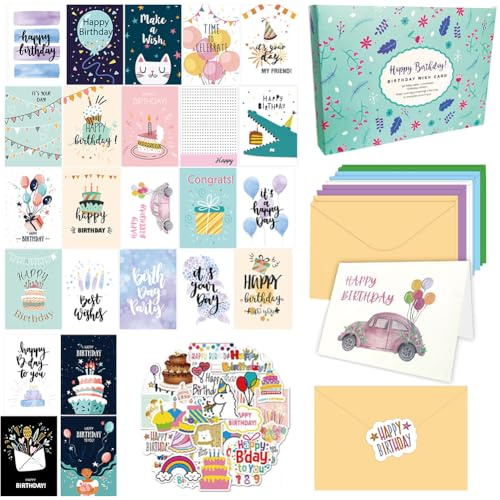 50 Stück Geburtstagskarten, Set mit Geburtstagskarten in Verschiedenen Designs, mit 10 Umschlägen und 27 Aufklebern, Faltbare Geburtstagspostkarte, Geeignet als Geschenk für Familie und Freunde