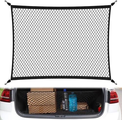 QWORK® Red Maletero Coche de Alta Elasticidad, Extensible de 80 x 100 cm a 140 x 210 cm,Organizador de Malla con Ganchos, Ideal para Cargas livianas