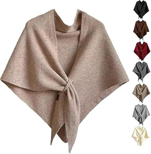 Womens Solid Color Knitted Triangle Shawl, 2025 New Wraps Elegant Solid Color Open Front Poncho Cape, Winter Fall Accessory (Khaki)