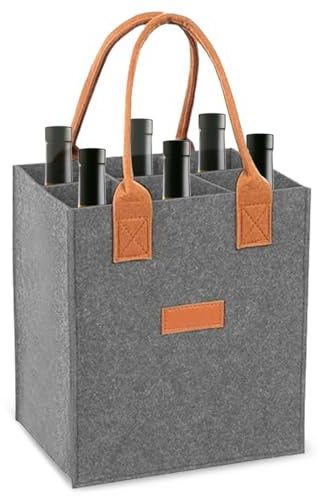 Filtflaskväska 6 flaskor, 23 x 18 x 26 cm flaskhållare, 6 flaskor, vikbar flaskkorg, filtflaskväska, dryckespåse för säker transport av vin-, öl- och dryckesflaskor